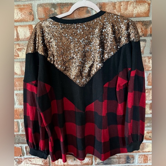 Glamorous Sequin Plaid Women's Sweater - Black and Red buffalo plaid - Picture 3 of 7